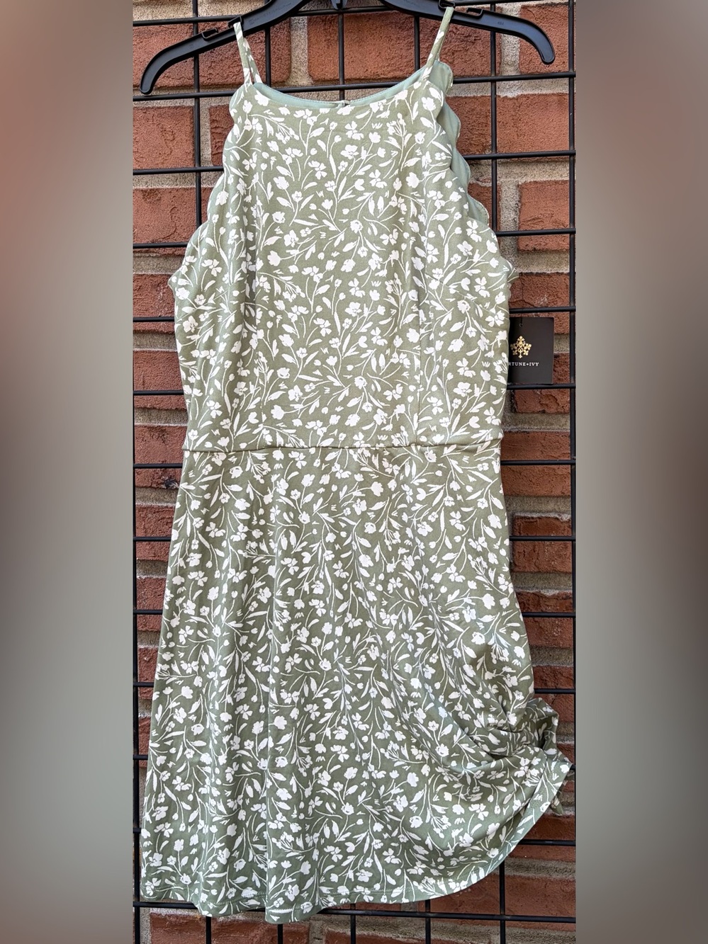 Sleeveless Olive Green Floral Midi Dress with White Print